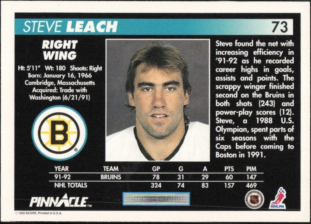 1992-93 Pinnacle Steve Leach #73 hockey trading card back