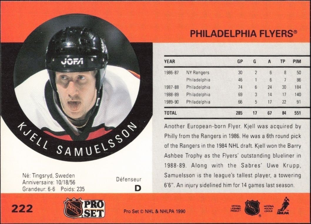 1990-91 Pro Set Kjell Samuelsson #222 hockey trading card back