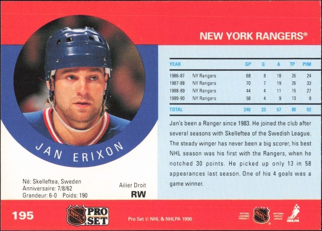 1990-91 Pro Set Jan Erixon #195 hockey trading card back