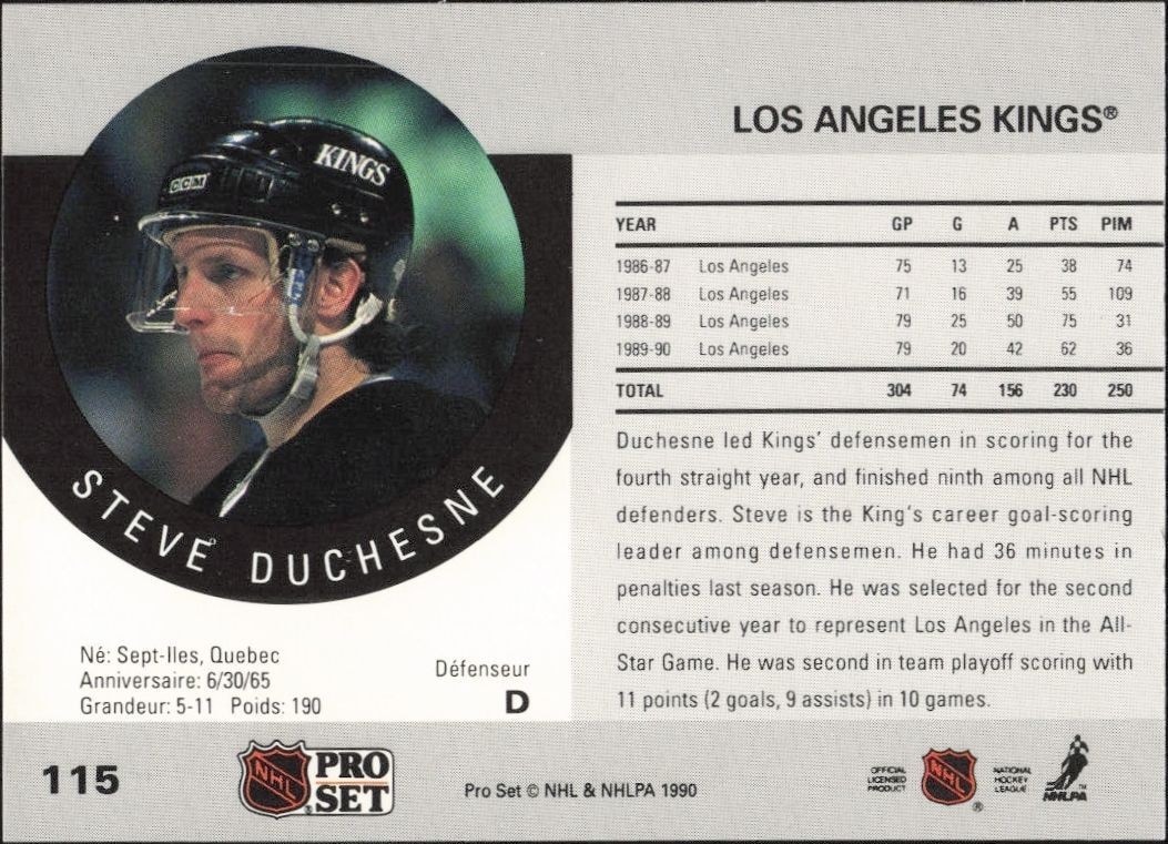 1990-91 Pro Set Steve Duchesne #115 hockey trading card back
