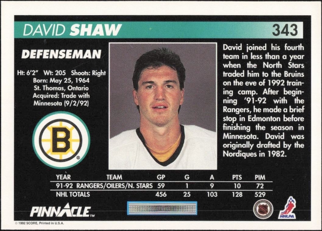 1992-93 Pinnacle David Shaw #343 hockey trading card back