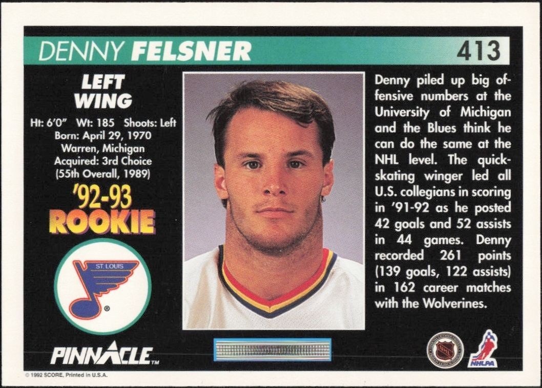 1992-93 Pinnacle Denny Felsner #413 hockey trading card back