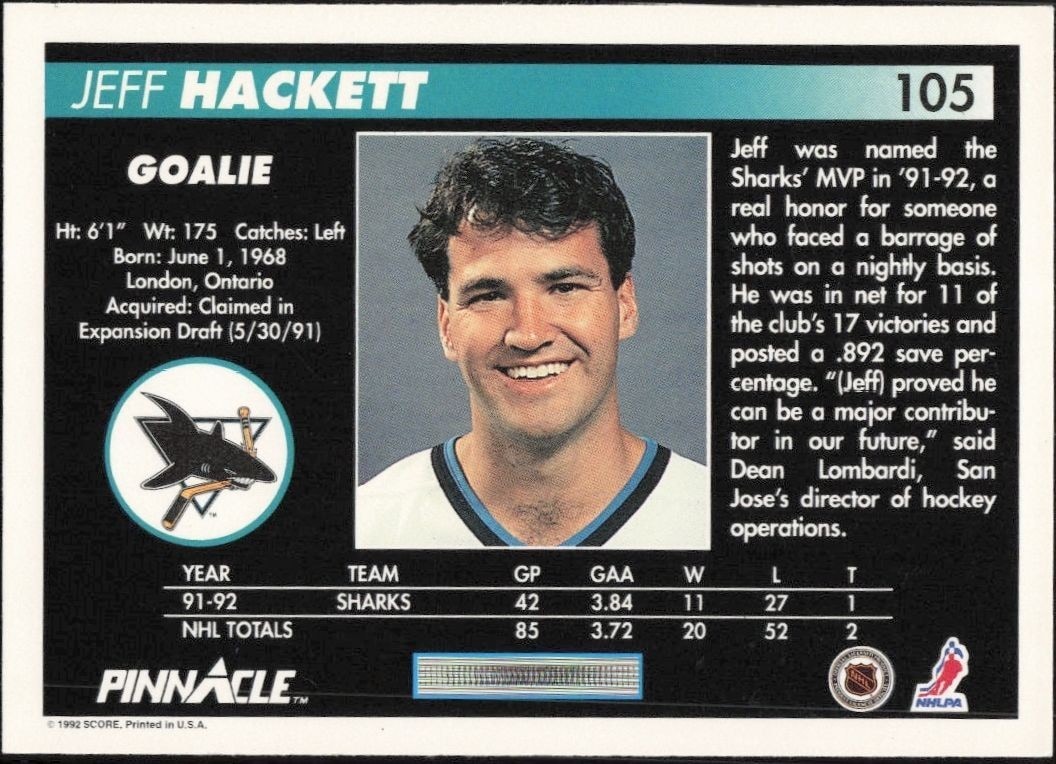 1992-93 Pinnacle Jeff Hackett #105 hockey trading card back