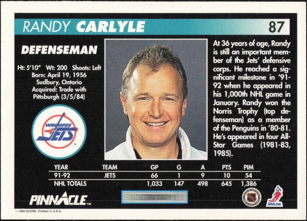 1992-93 Pinnacle Randy Carlyle #87 hockey trading card back