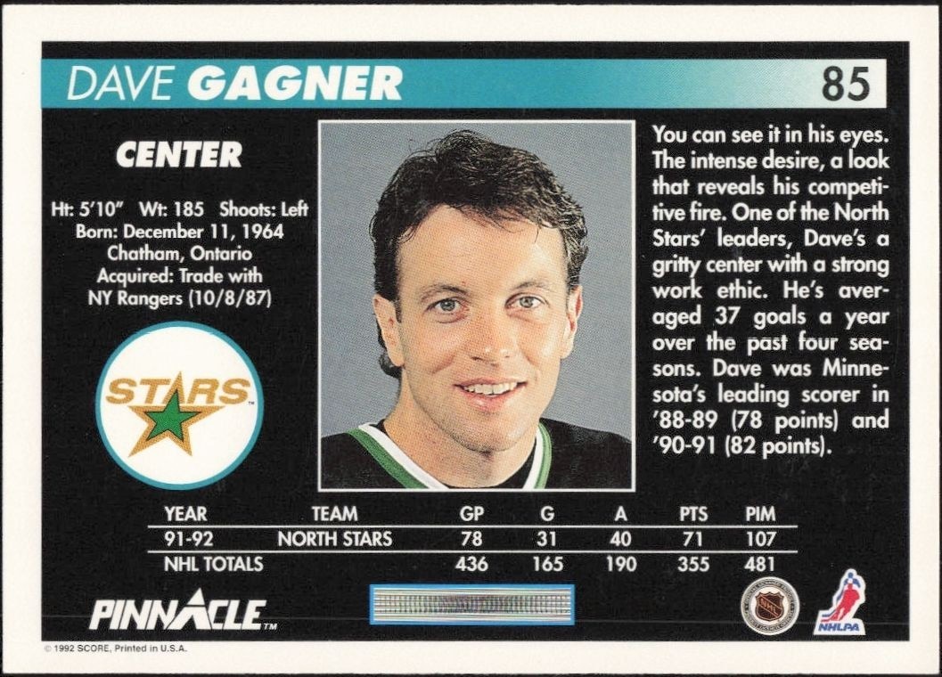 1992-93 Pinnacle Dave Gagner #85 hockey trading card back