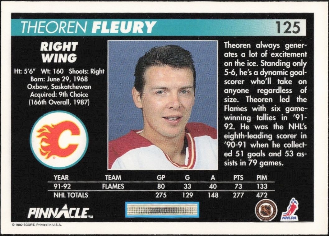 1992-93 Pinnacle Theoren Fleury #125 hockey trading card back