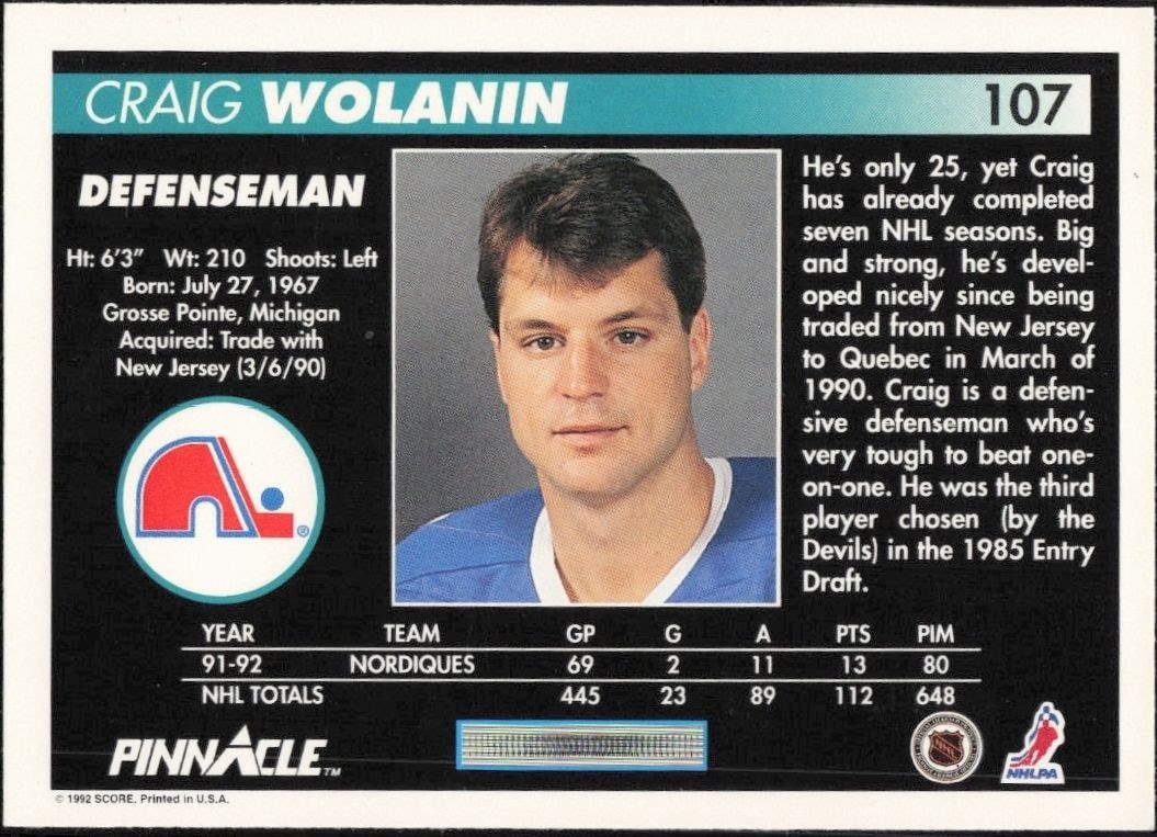 1992-93 Pinnacle Craig Wolanin #107 hockey trading card back