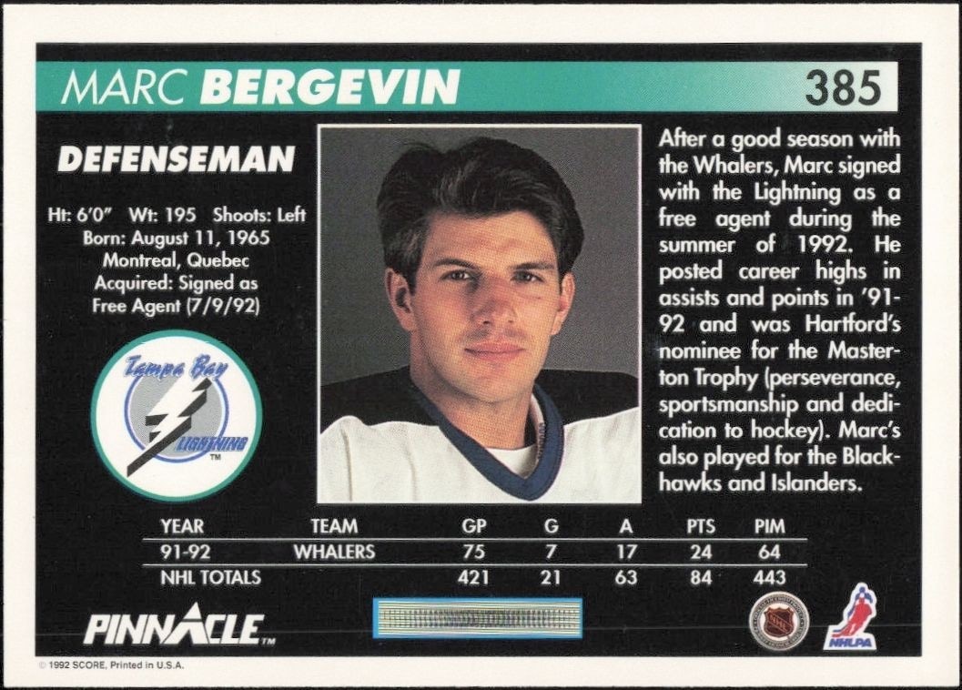 1992-93 Pinnacle Marc Bergevin #385 hockey trading card back