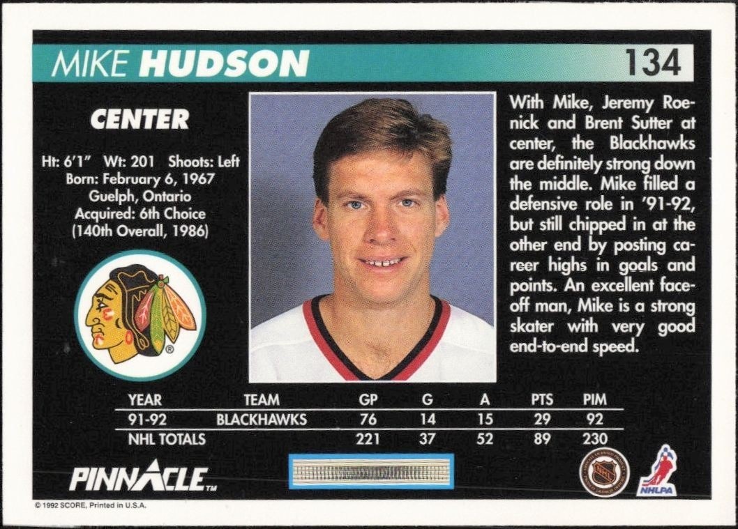 1992-93 Pinnacle Kris King #253 hockey trading card back