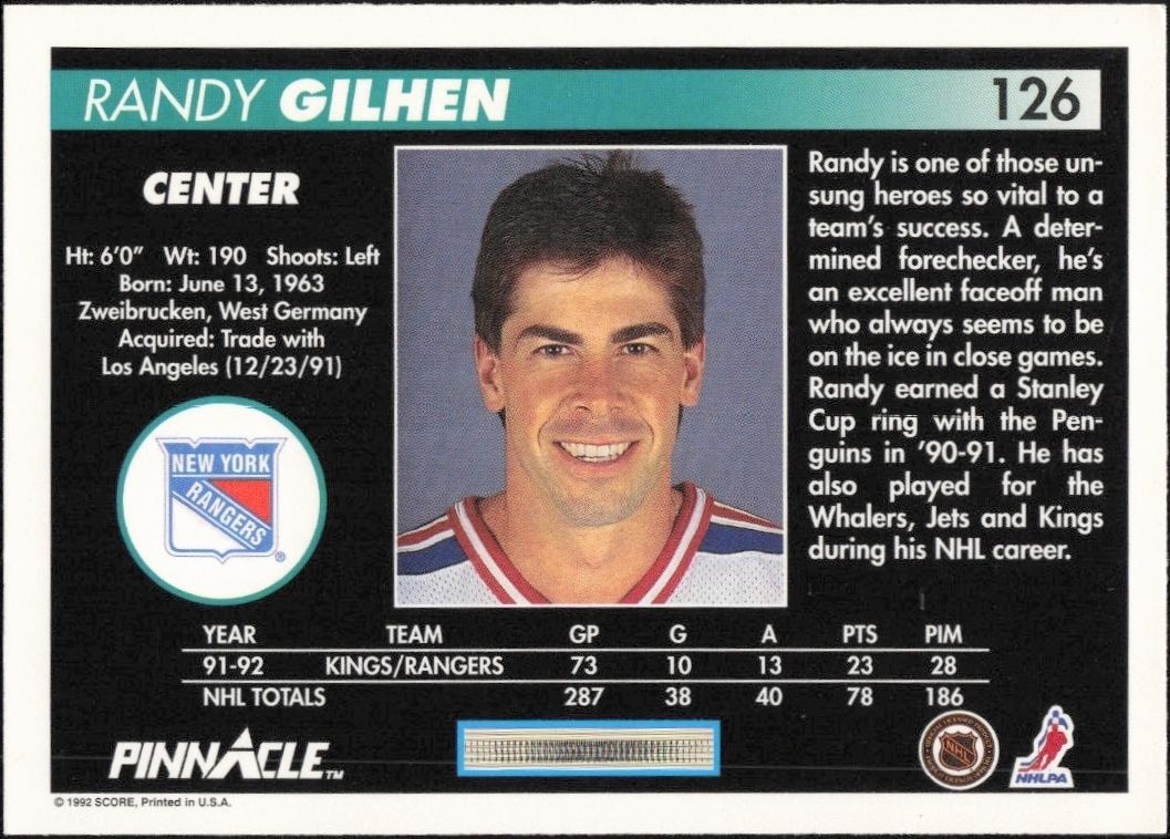 1992-93 Pinnacle Pat Falloon #238 hockey trading card back