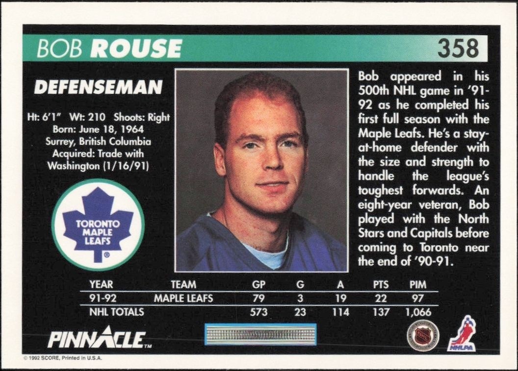 1992-93 Pinnacle Bob Rouse #358 hockey trading card back