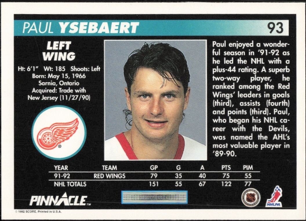 1992-93 Pinnacle Paul Ysebaert #93 hockey trading card back
