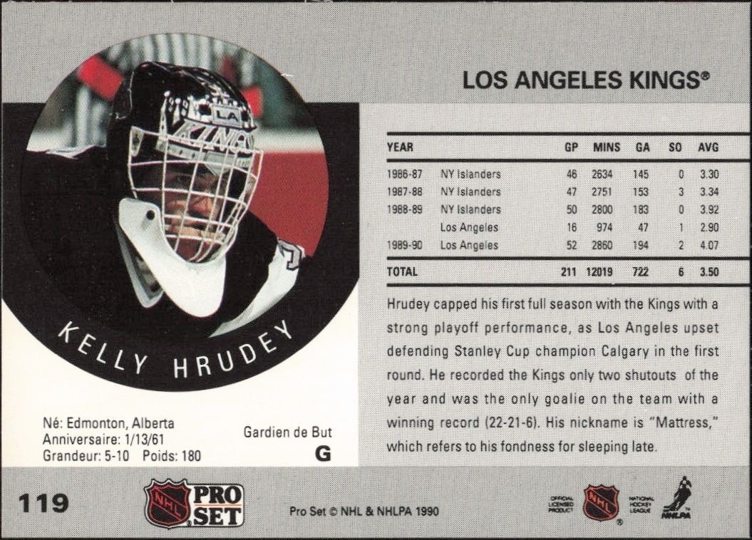 1990-91 Pro Set Kelly Hrudey #119 hockey trading card back