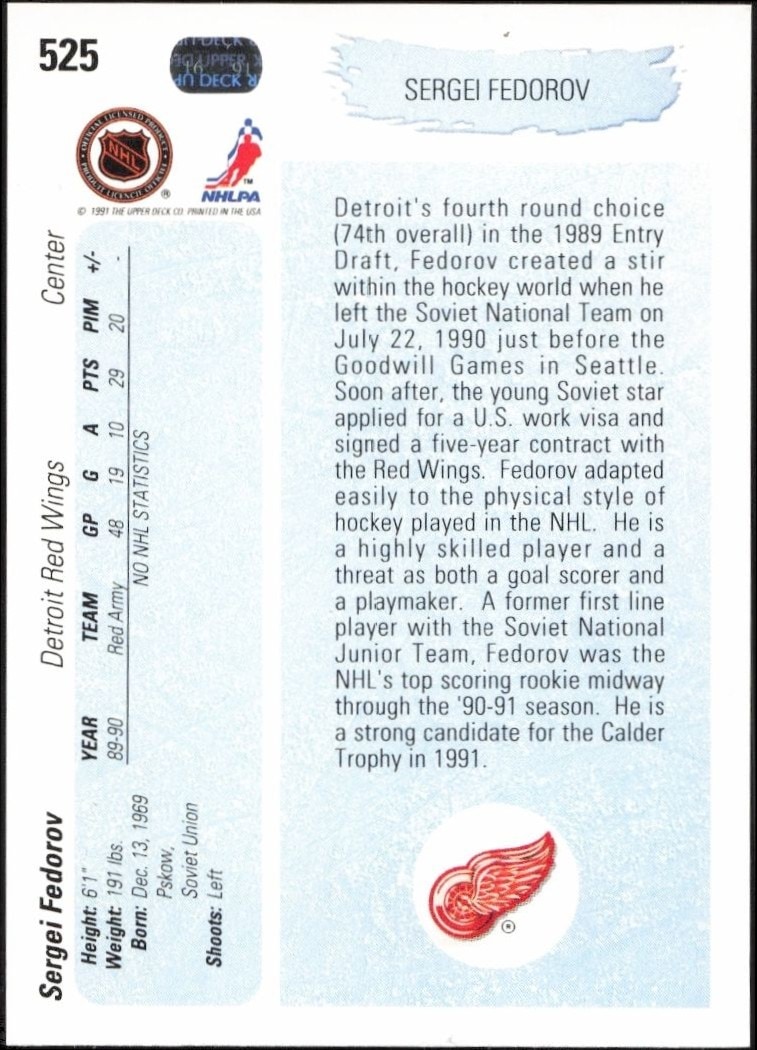 1990-91 Upper Deck Sergei Fedorov #525 hockey trading card back