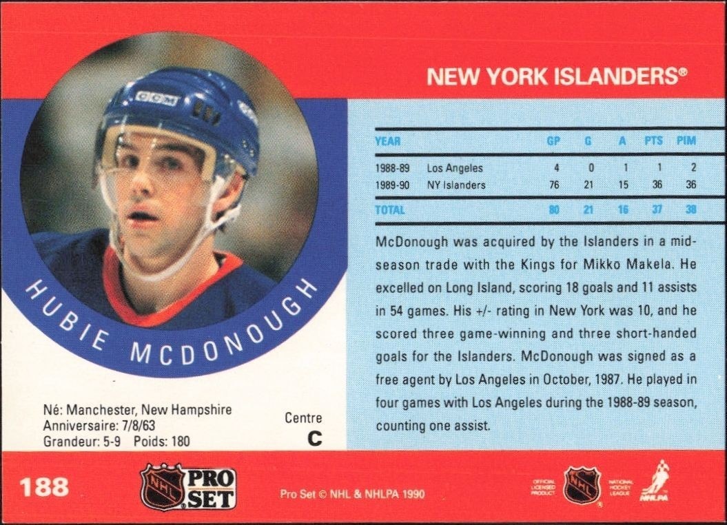 1990-91 Pro Set Hubie McDonough #188 hockey trading card back