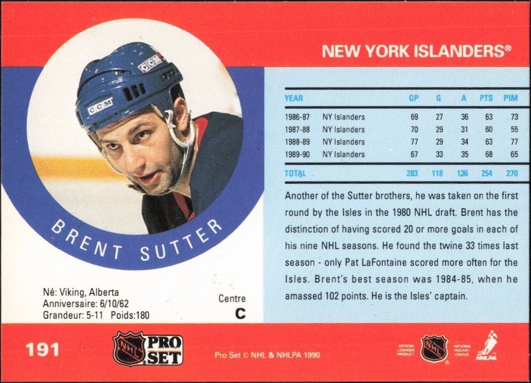 1990-91 Pro Set Brent Sutter #191 hockey trading card back