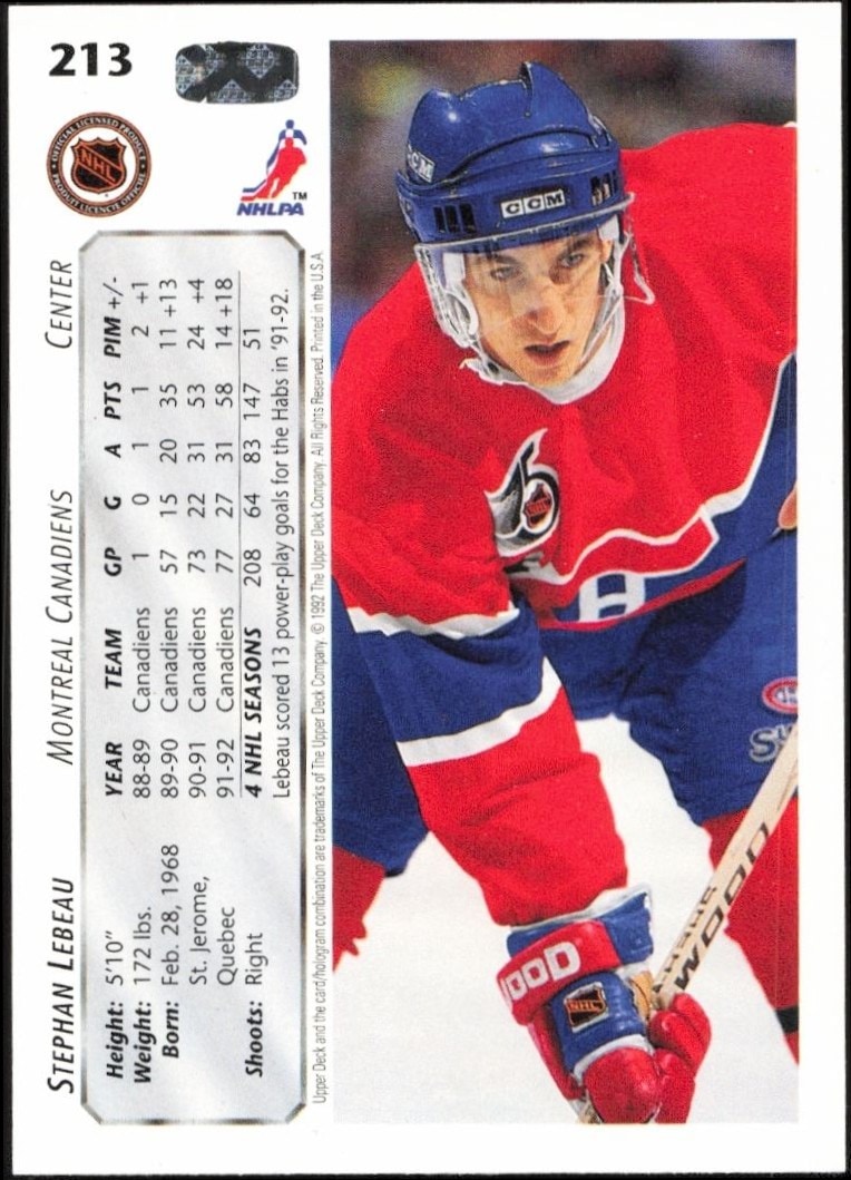1992-93 Upper Deck Stephan Lebeau #213 hockey trading card back