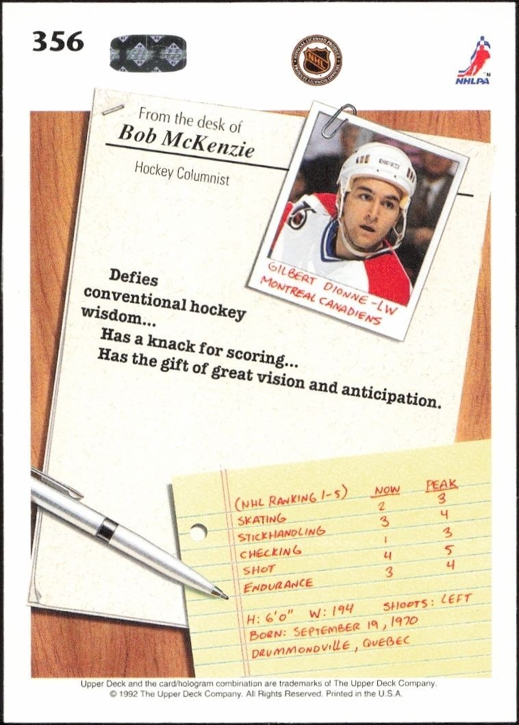 1992-93 Upper Deck Gilbert Dionne #356 hockey trading card back