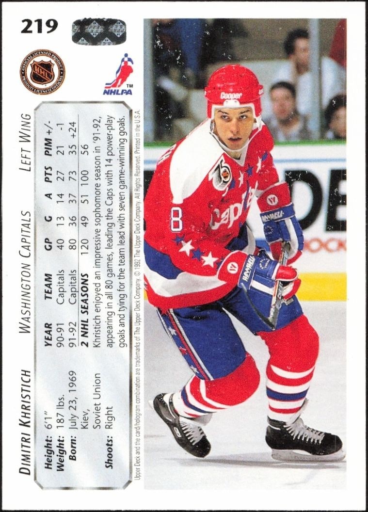 1992-93 Upper Deck Dmitri Khristich #219 hockey trading card back