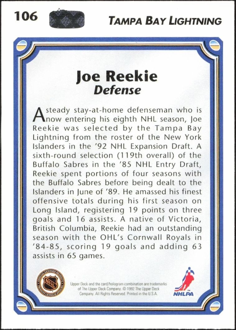 1992-93 Upper Deck Joe Reekie #106 hockey trading card back