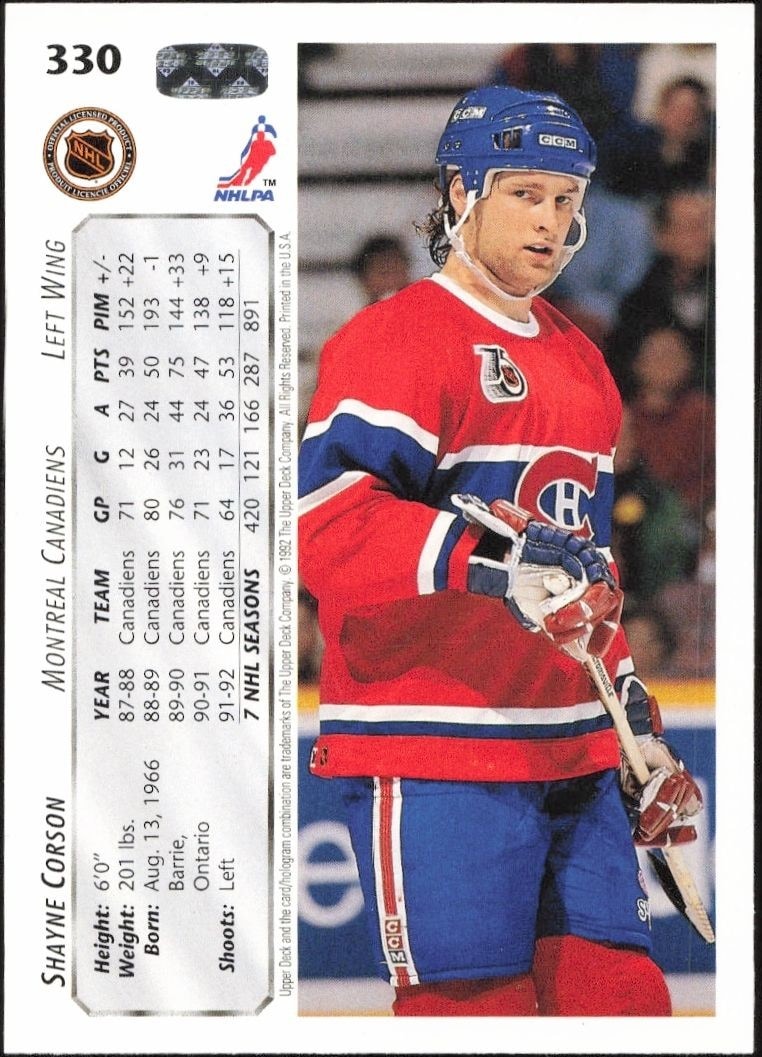 1992-93 Upper Deck Shayne Corson #330 hockey trading card back