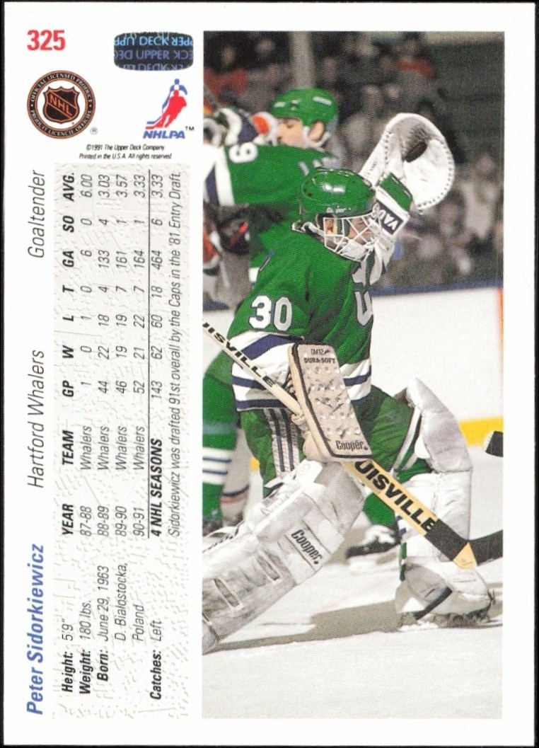1991-92 Upper Deck Peter Sidorkiewicz #325 hockey trading card back