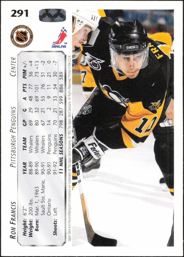 1992-93 Upper Deck Ron Francis #291 hockey trading card back