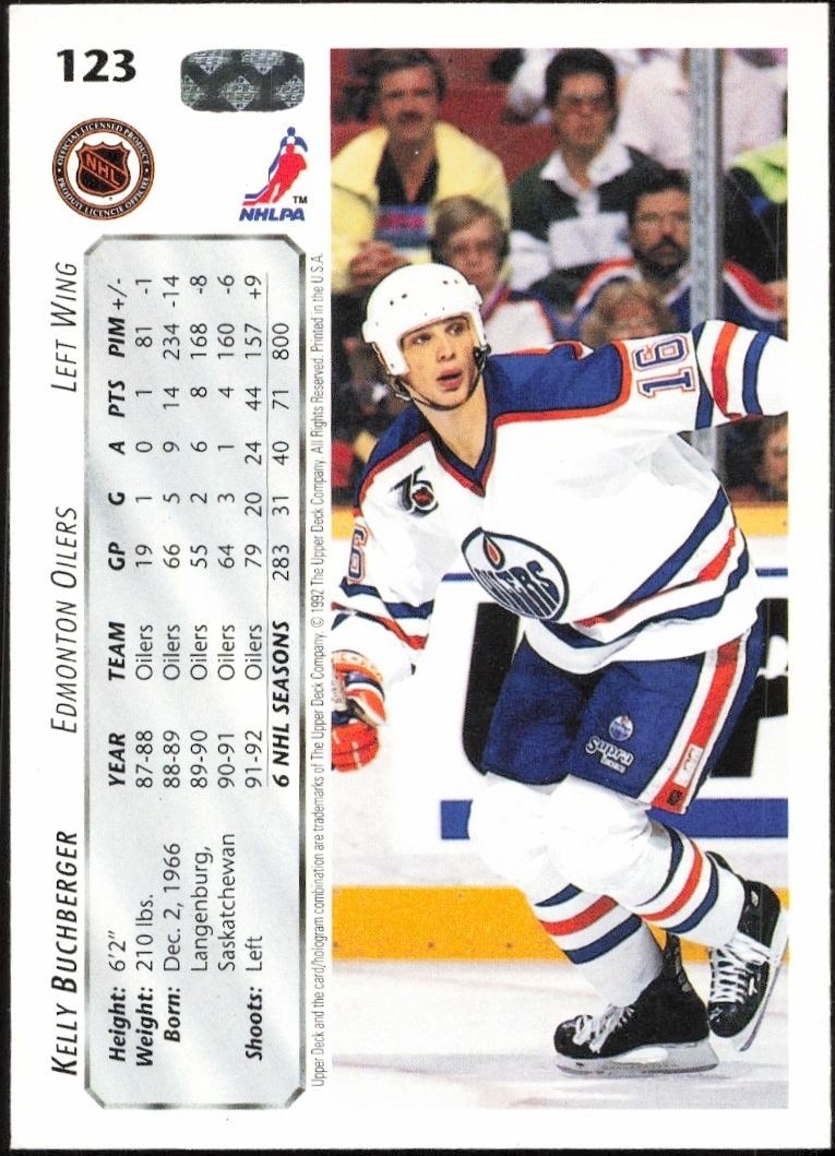 1992-93 Upper Deck Kelly Buchberger #123 hockey trading card back