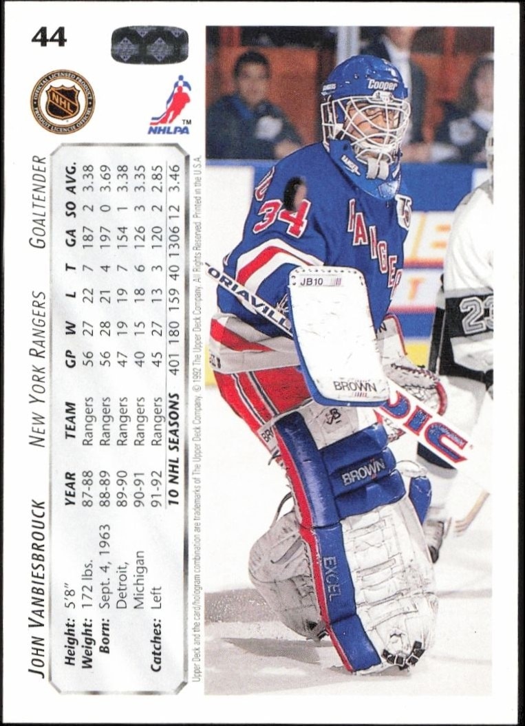 1992-93 Upper Deck John Vanbiesbrouck #44 hockey trading card back