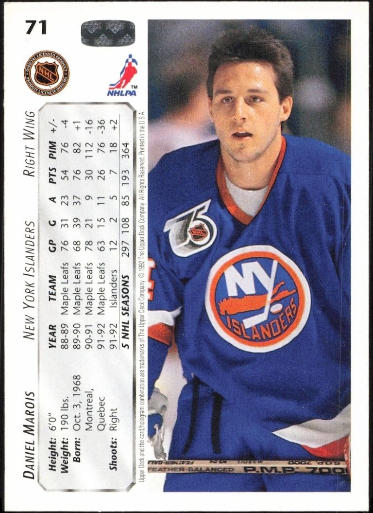 1992-93 Upper Deck Daniel Marois #71 hockey trading card back