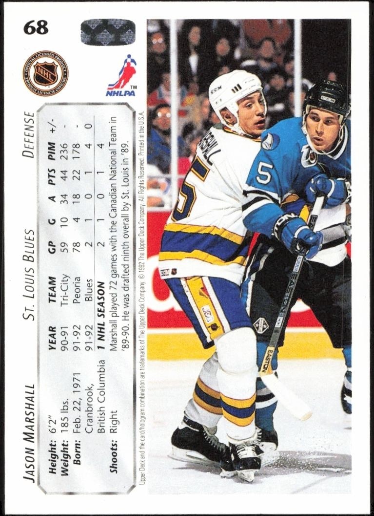 1992-93 Upper Deck Jason Marshall #68 hockey trading card back
