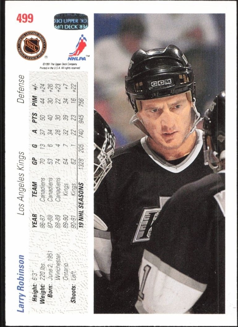 1991-92 Upper Deck Larry Robinson #499 hockey trading card back