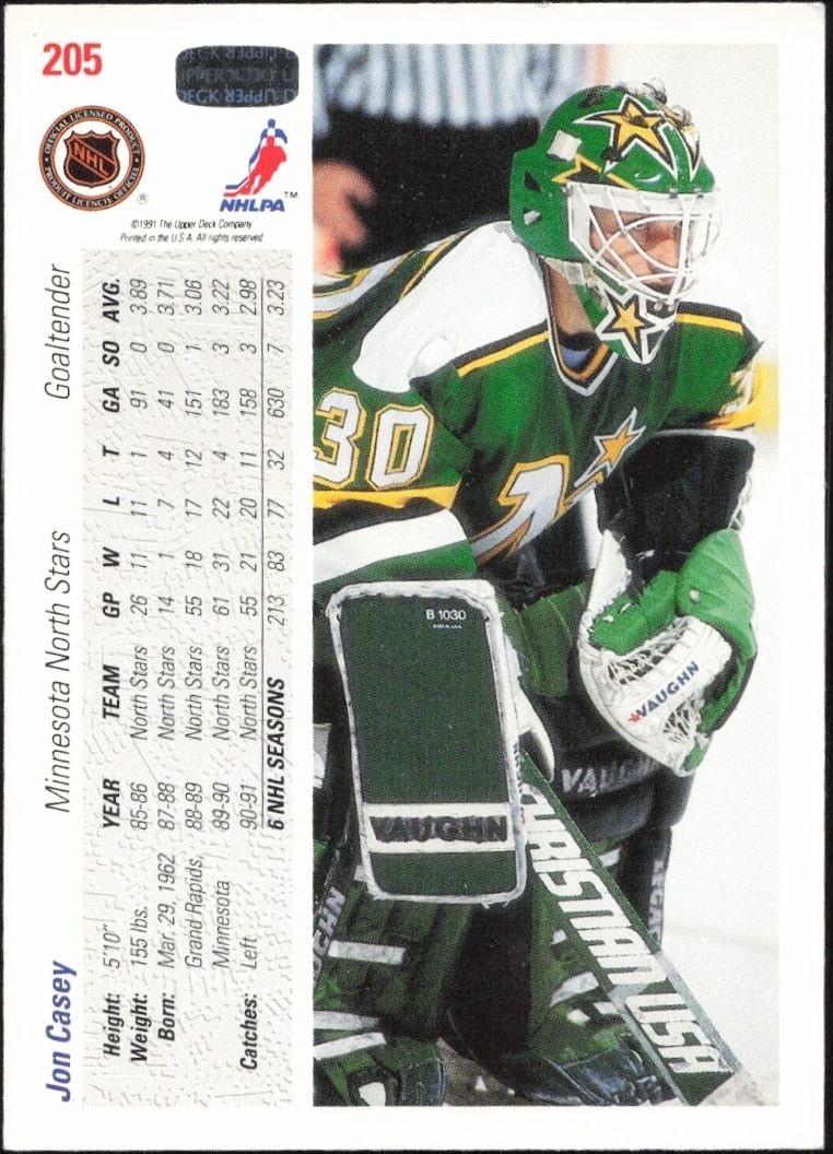1991-92 Upper Deck Jon Casey #205 hockey trading card back