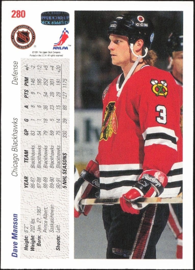 1991-92 Upper Deck Dave Manson #280 hockey trading card back