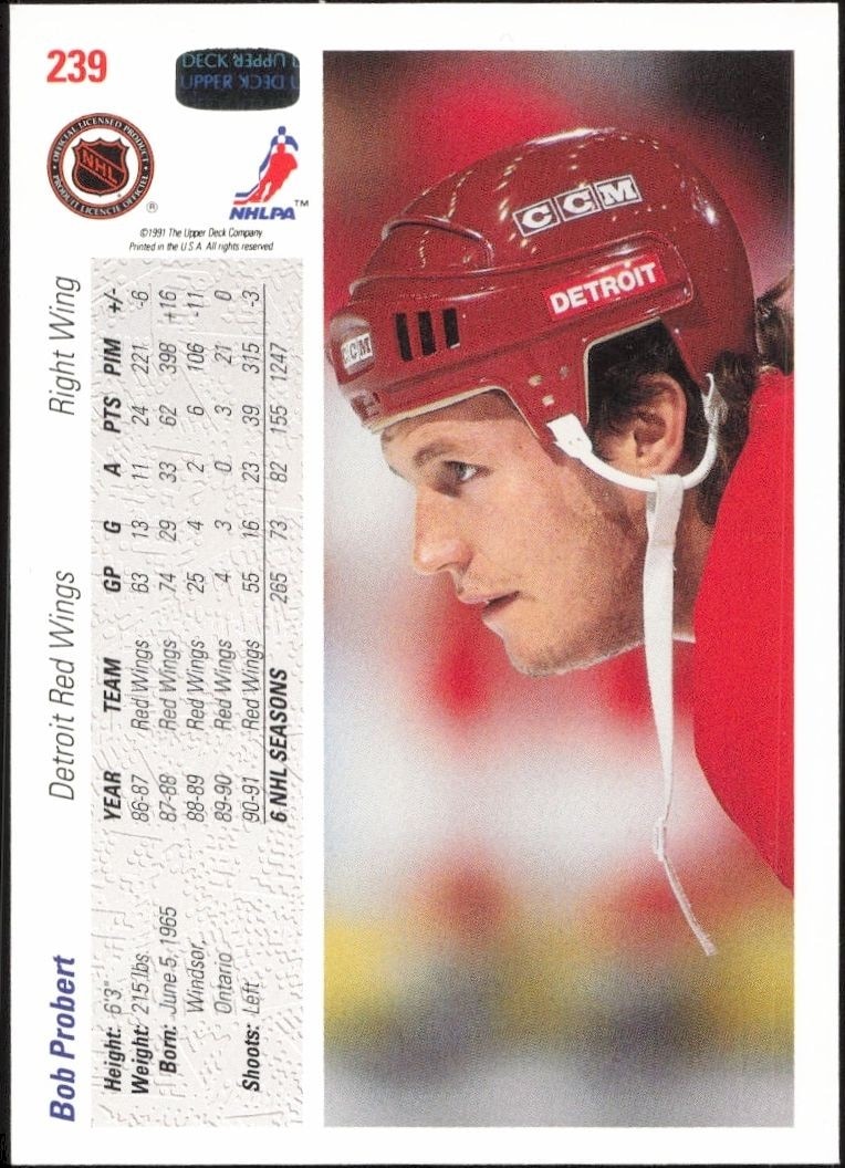 1991-92 Upper Deck Bob Probert #239 hockey trading card back