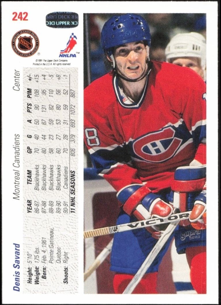 1991-92 Upper Deck Denis Savard #242 hockey trading card back