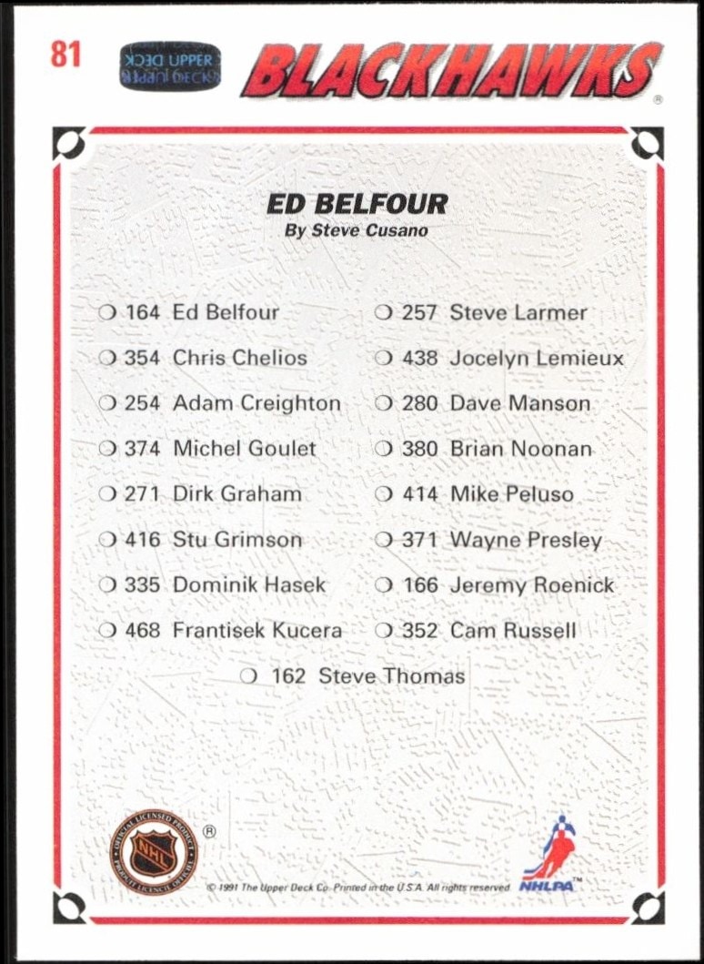 1991-92 Upper Deck Ed Belfour #81 hockey trading card back