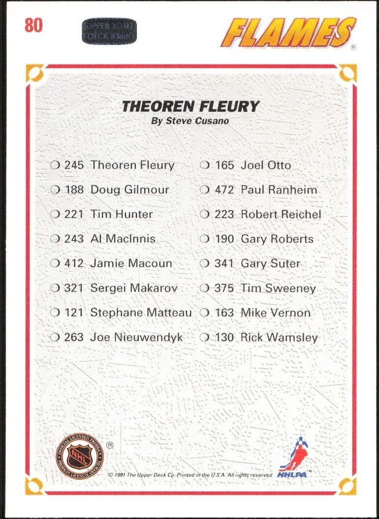 1991-92 Upper Deck Theoren Fleury #80 hockey trading card back