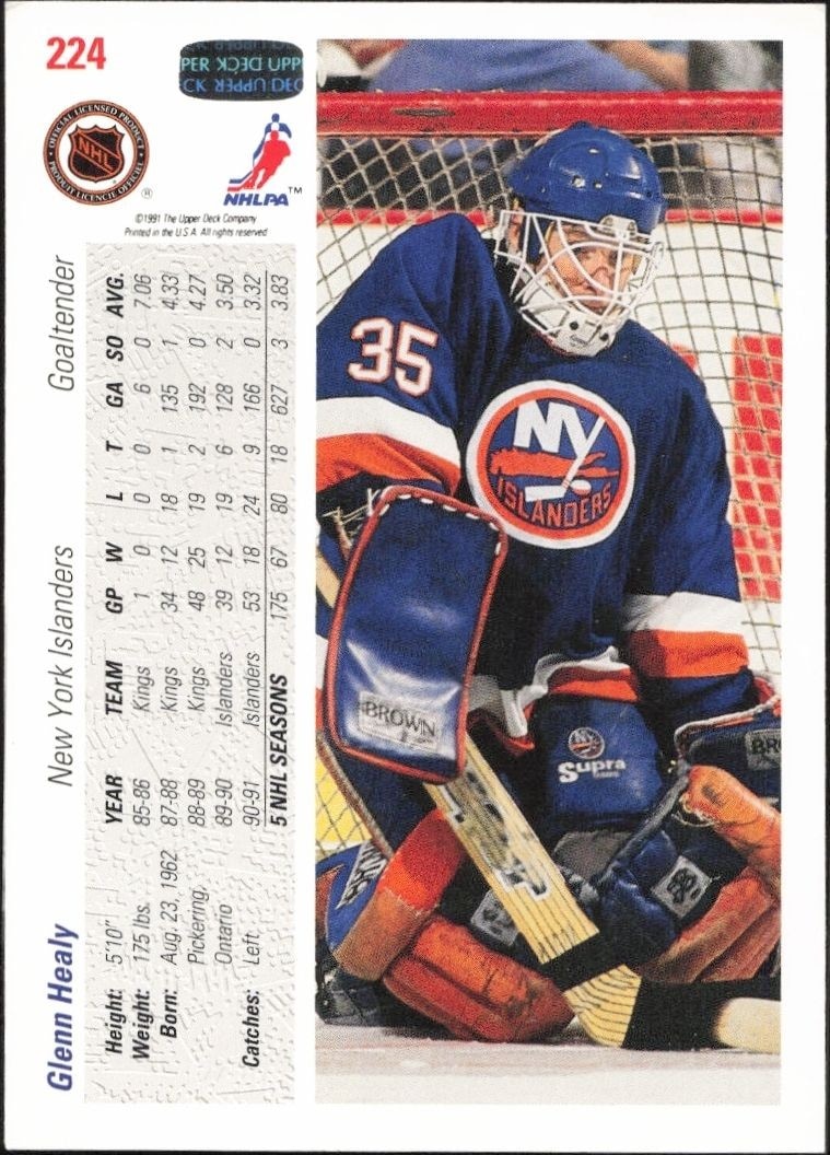 1991-92 Upper Deck Glenn Healy #224 hockey trading card back