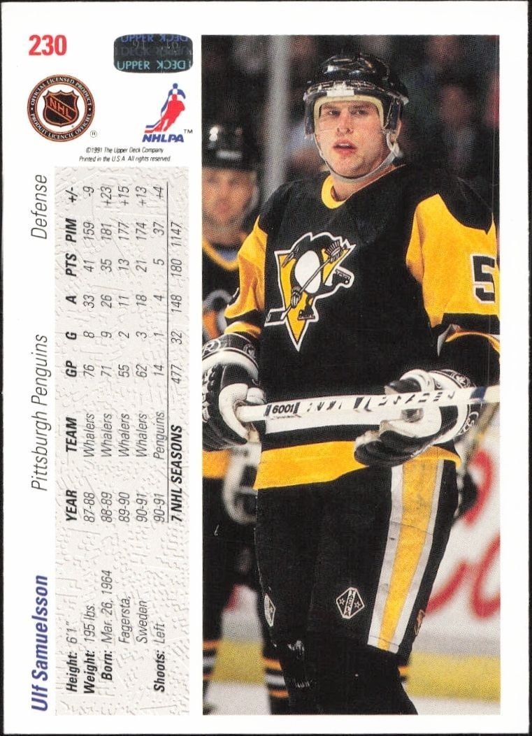 1991-92 Upper Deck Ulf Samuelsson #230 hockey trading card back