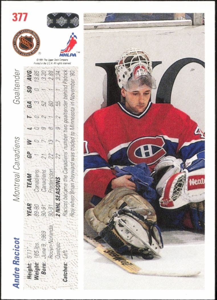 1991-92 Upper Deck Andre Racicot #377 hockey trading card back