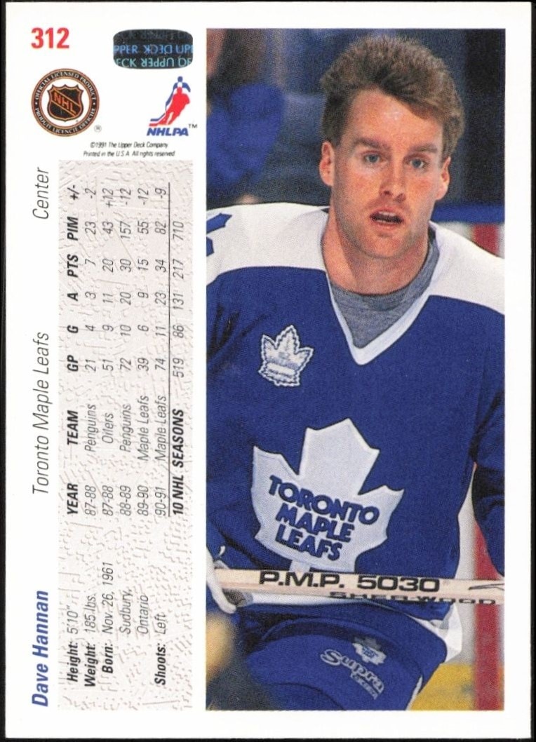 1991-92 Upper Deck Dave Hannan #312 hockey trading card back
