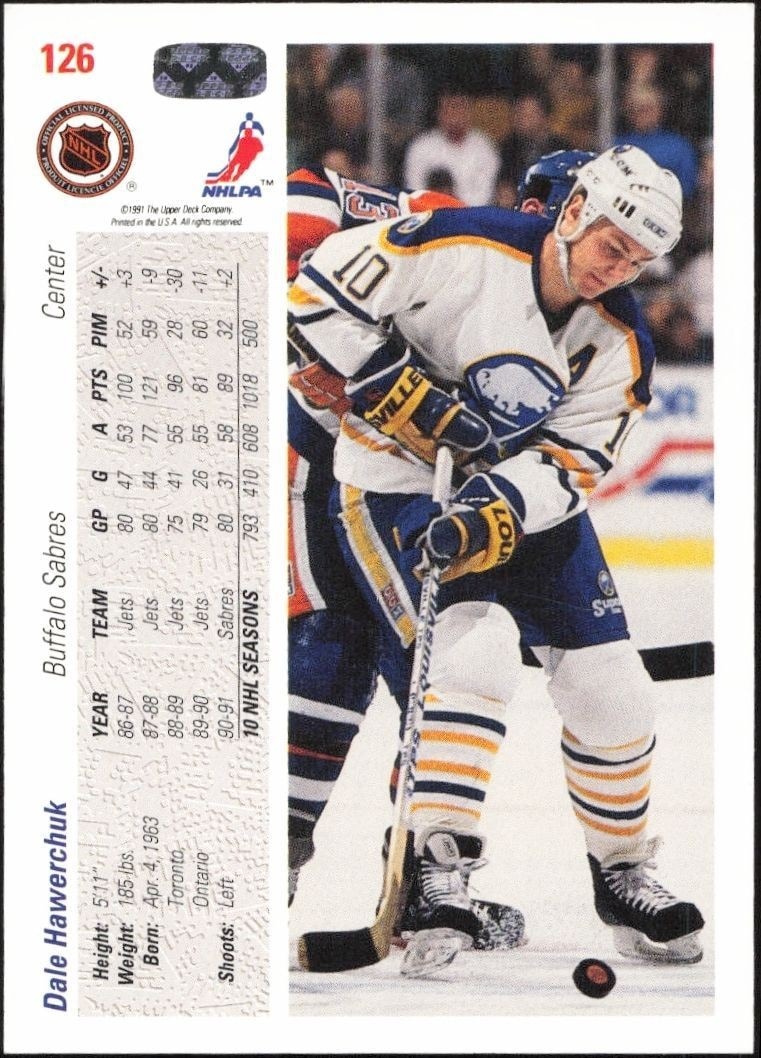 1991-92 Upper Deck Dale Hawerchuk #126 hockey trading card back