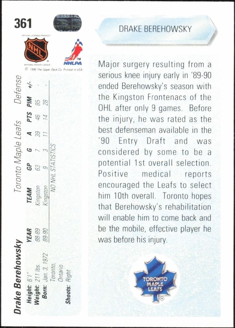 1990-91 Upper Deck Drake Berehowsky #361 hockey trading card back