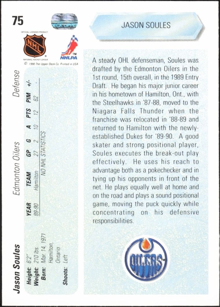 1990-91 Upper Deck Jason Soules #75 hockey trading card back
