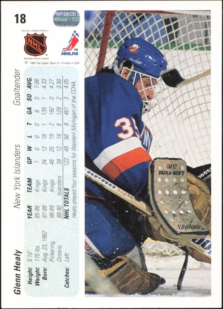 1990-91 Upper Deck Glenn Healy #18 hockey trading card back