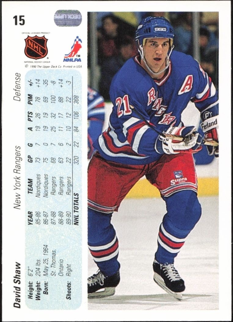 1990-91 Upper Deck David Shaw #15 hockey trading card back