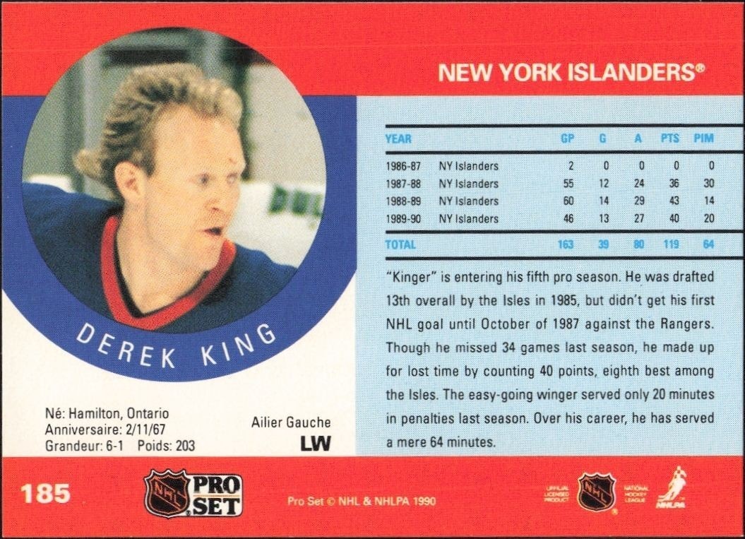 1990-91 Pro Set Derek King #185 hockey trading card back