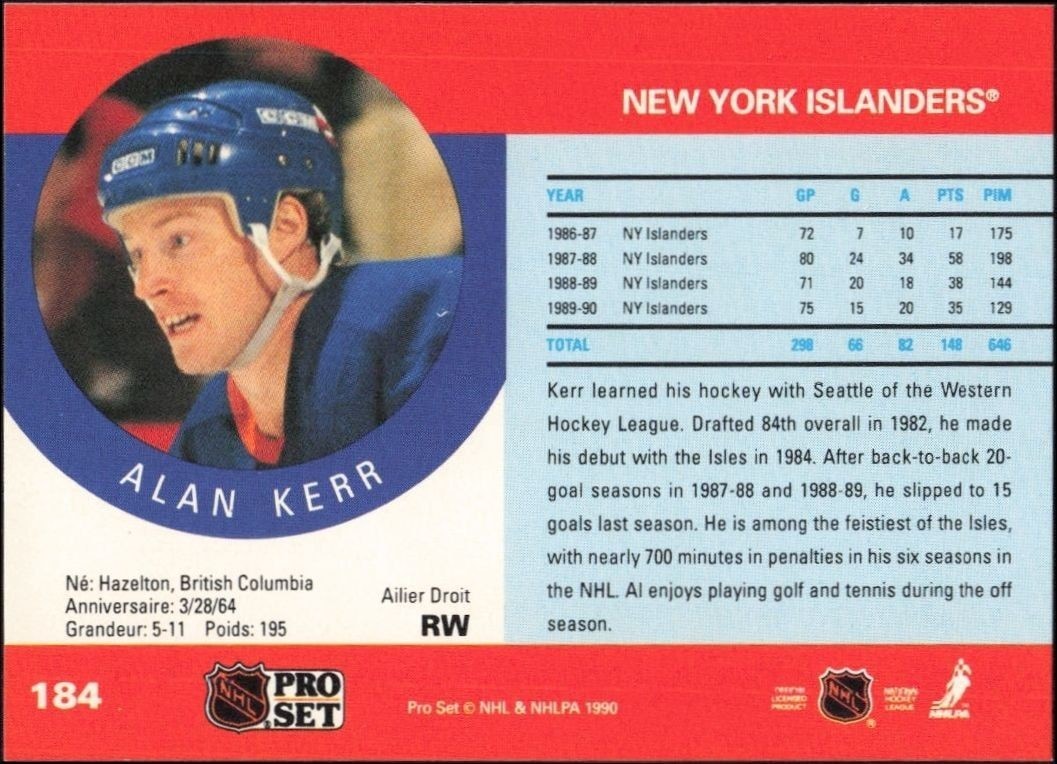 1990-91 Pro Set Alan Kerr #184 hockey trading card back