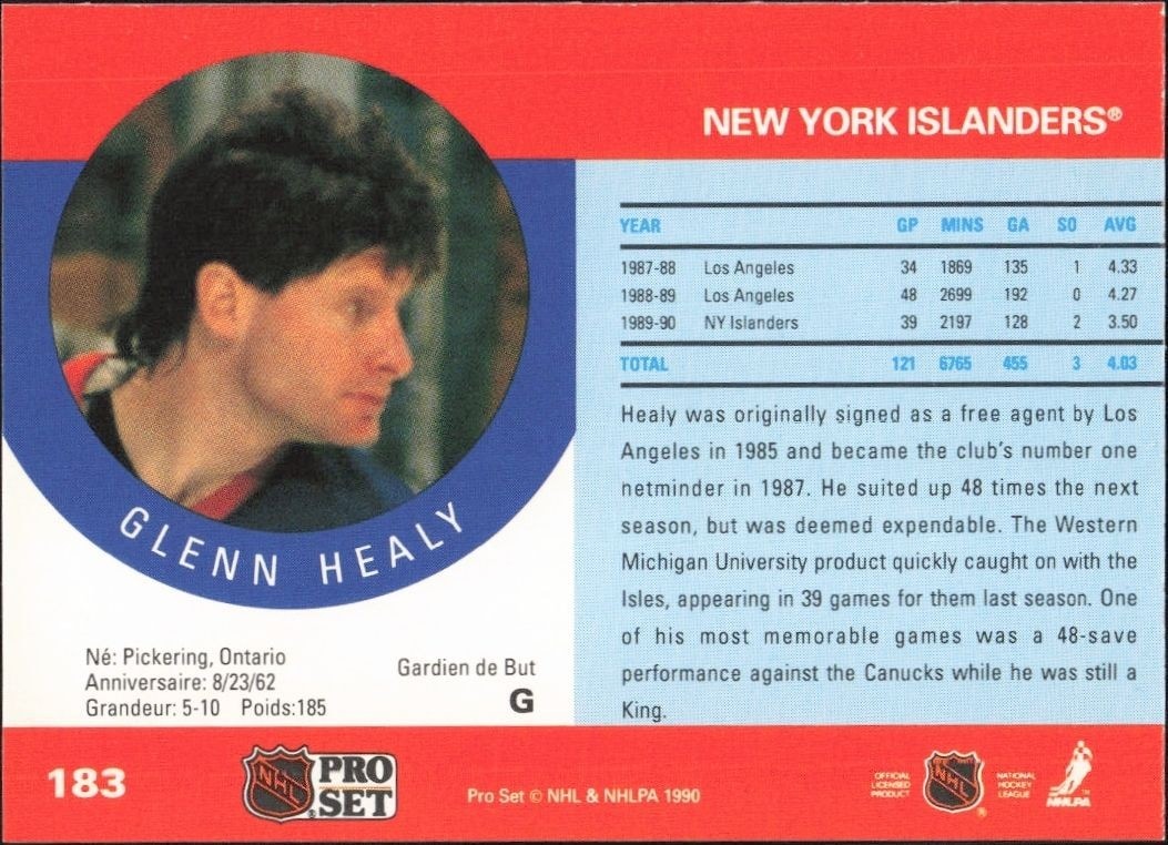 1990-91 Pro Set Glenn Healy #183 hockey trading card back